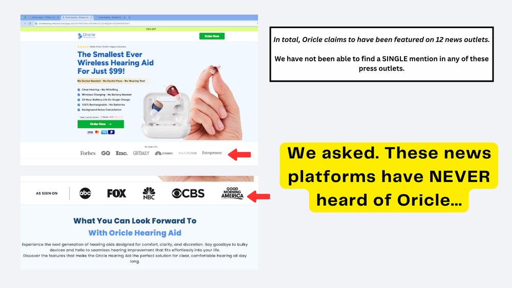 Advertisement for a wireless hearing aid with text questioning media coverage of the brand 'Orcile'.