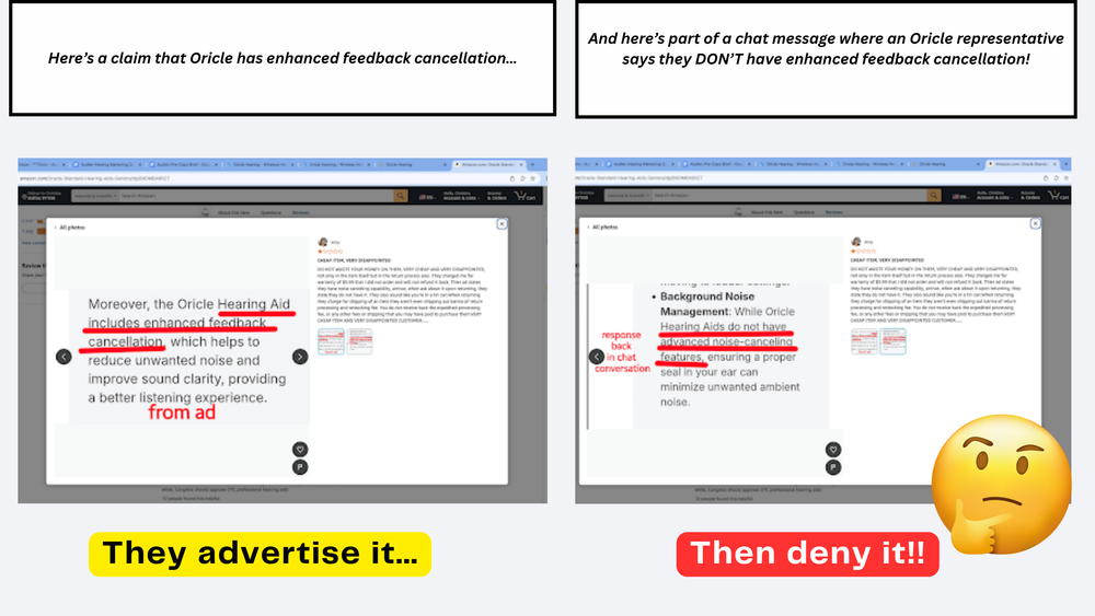 Screenshots of a chat conversation with Oricle, showing claims about feedback cancellation and denial of enhancements.
