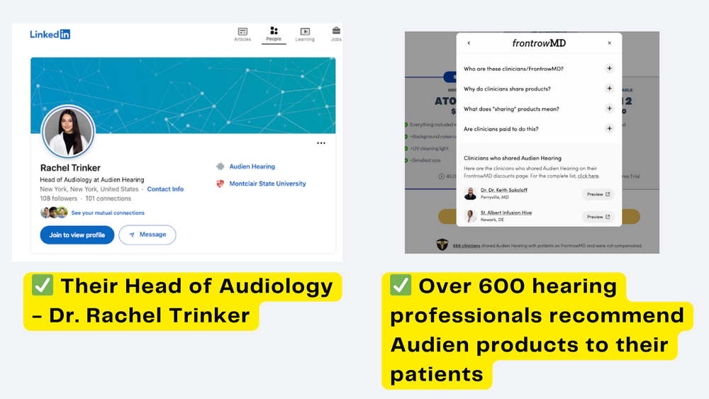 Screenshots of a LinkedIn profile and a software interface with text highlighting Dr. Rachel Trinker and product recommendations.