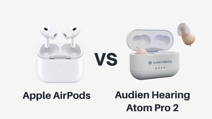 Comparison between Apple AirPods and Audien Hearing Atom Pro 2 on a white background