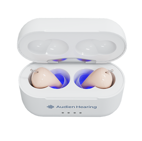 White case with two hearing aids inside, branded 'Audien Hearing'.